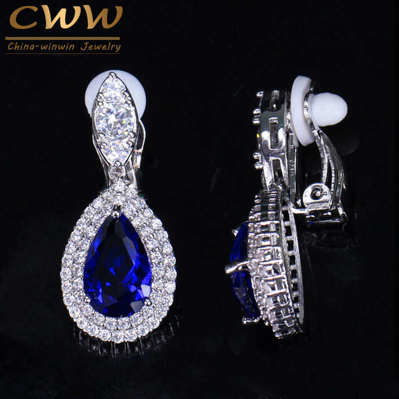 

Fashion Women White Gold Color Dangle Drop CZ Royal Blue Crystal Paved No Pierced Ear Clip On Earrings Jewelry CZ164 210714
