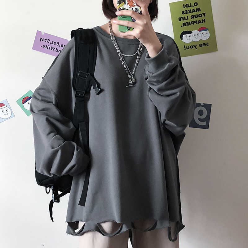 

Autumn Korea chic Harajuku street hip hop retro solid hole sweatshirt women fashion loose casual female long-sleeved 210608, Black