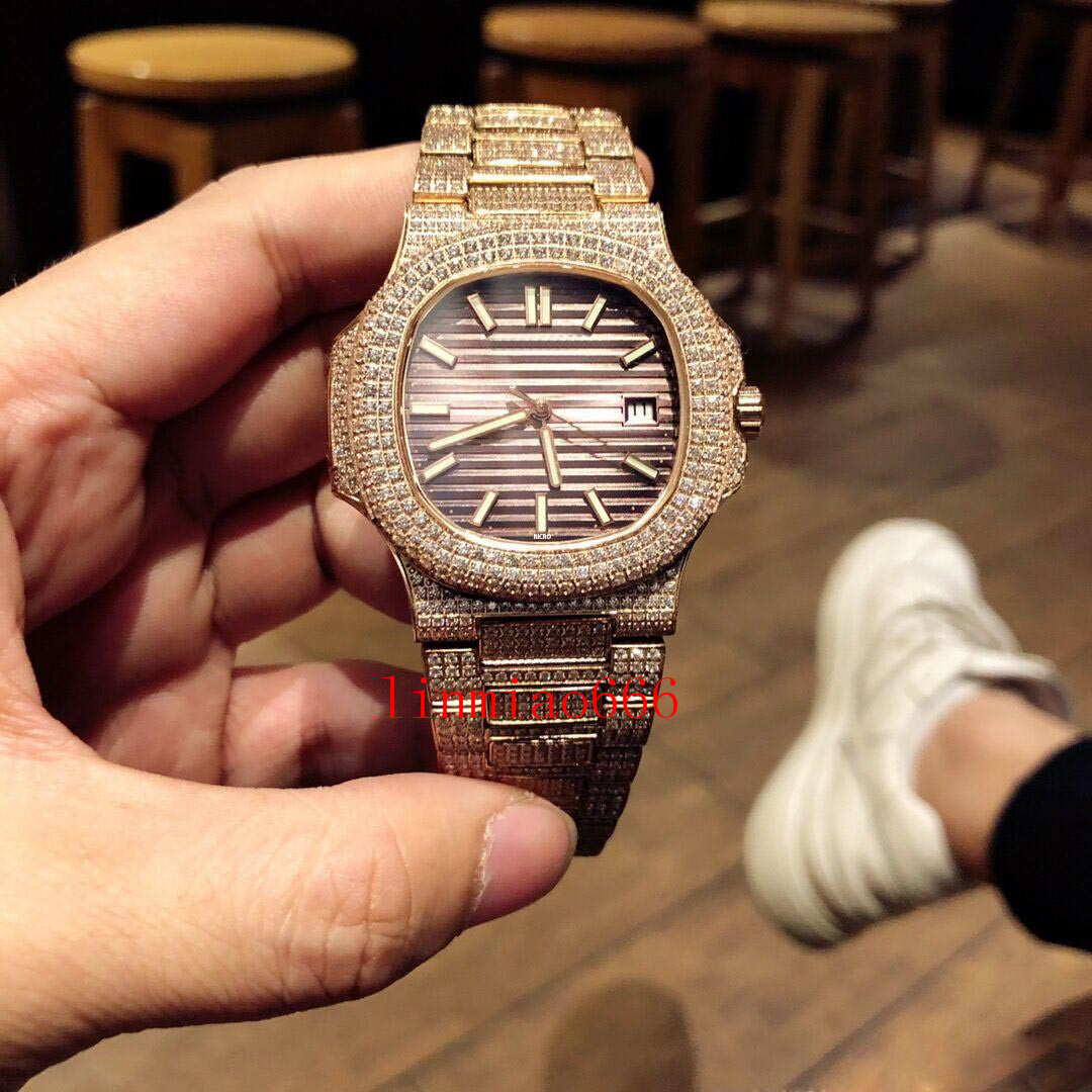 

wristwatch, women's -encrusted watch, stainless steel diamond-encrusted case, butterfly clasp, carved automatic tuo, automat, Slivery;brown