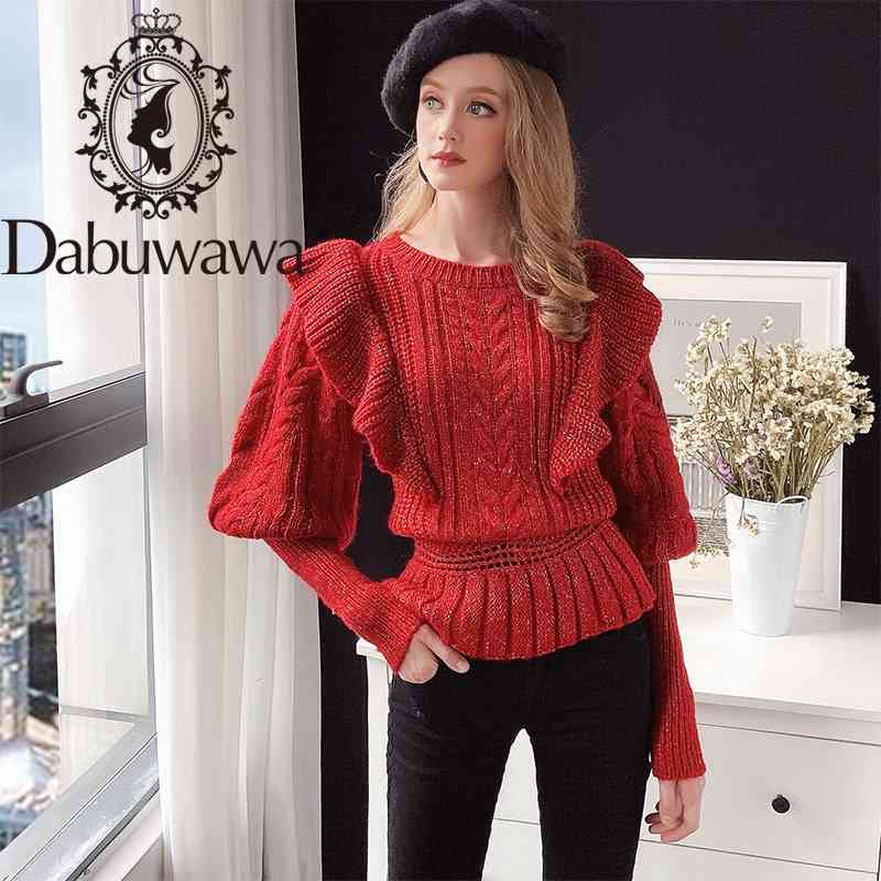 

Dabuwawa Knitted Sweater Women Autumn Winter Long Sleeve Ruffled Fashion Female Sweater Ladies Fitted Pullover Jumpers DT1DKT002 210520, Red