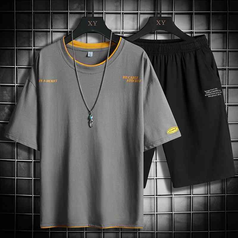 

Men's Tracksuit Sets Summer Print Harajuku Solid Short T -Shirts+Shorts Fashion Sports Suit Male Streetwear 2 Piece Outfit 210603, Tz0023031grey