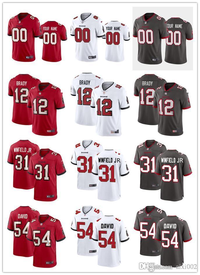 

Men Women Youth Tampa Bay Buccaneers 12 Tom Brady 31 Antoine Winfield Jr. 54 Lavonte David custom red Grey White Football Jersey, Black;red