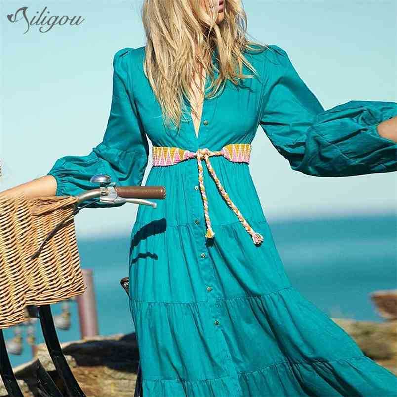 

Bohemian Long Dress Women' Stand Collar Lantern Sleeve High Waist Belt Casual Women Fashion Style 210525, Sky blue