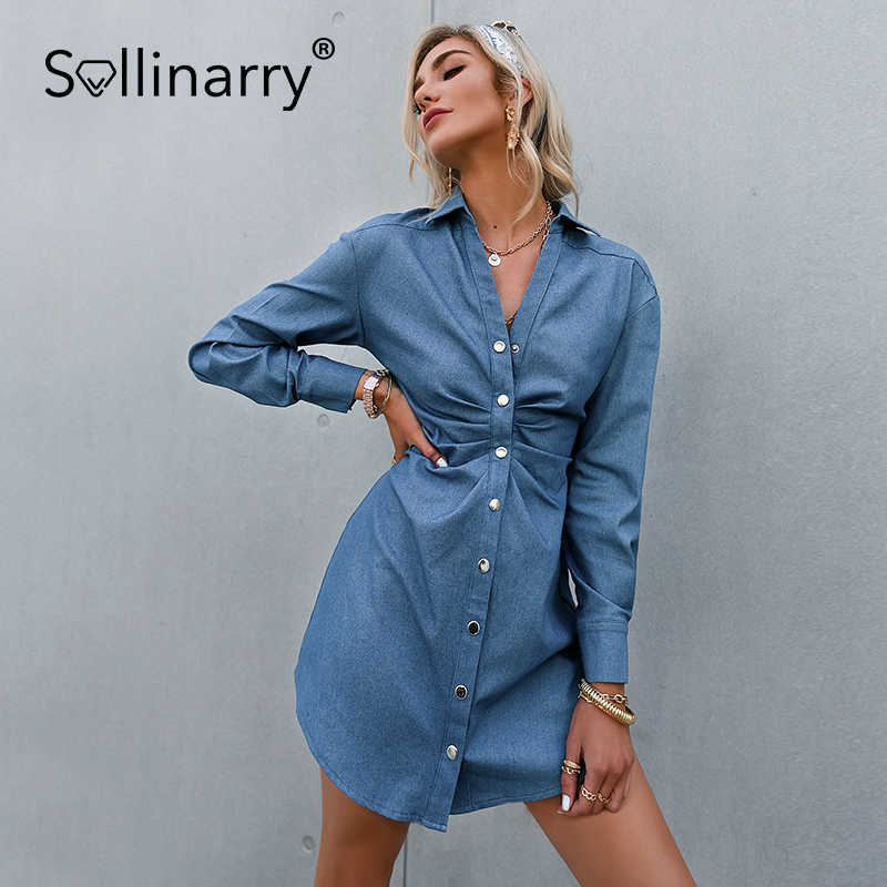 

Sollinarry High street blue shirt dress women Long sleeve sheath summer dress Casual botton pleated solid midi dress streetwear 210709