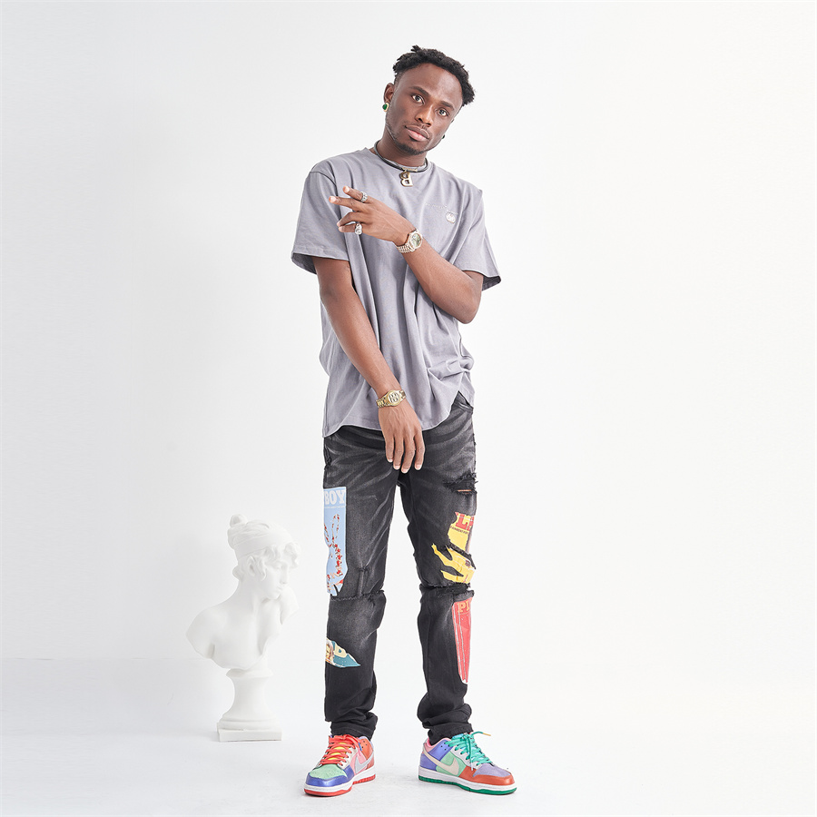 

Men Printing Hole Patchwork Ripped Jeans Casual Sport Streetwear Elastic Denim Straight Pencil Pants High Street Slim-cut Long Trousers, As picture show