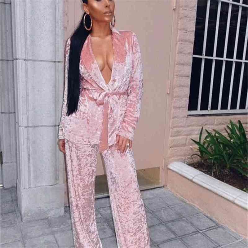 

OMSJ Velvet 2 Piece Suit Sets Women Fashion Long Sleeve Slim V Neck Blouse Tip and Pants Velour Trousers OL Work Ladies 210517