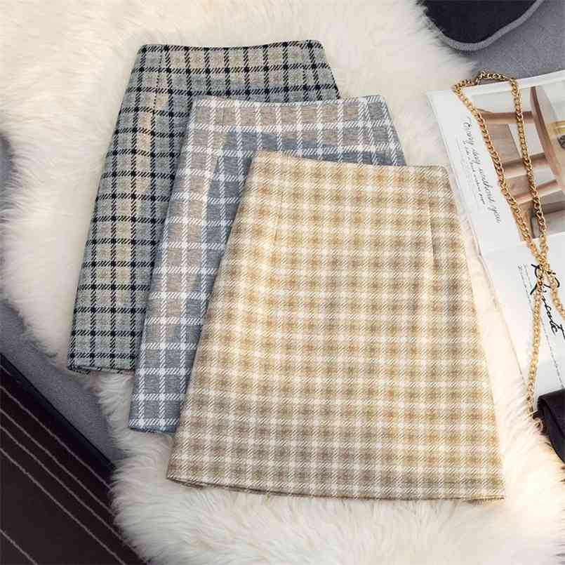 

Plaid skirt women spring Korean version of high waist A-line retro temperament all-match bag hip  female 210708, Khaki
