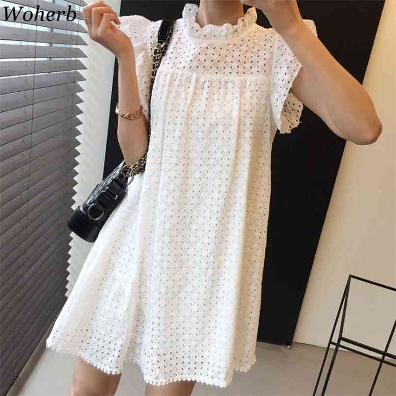 

Dress Women Korean Chic Flying Sleeve White Mini Dresses Sweet Hollow Out Ruffles A-line Robe Loose Vestidos Mujer 210519, Orange