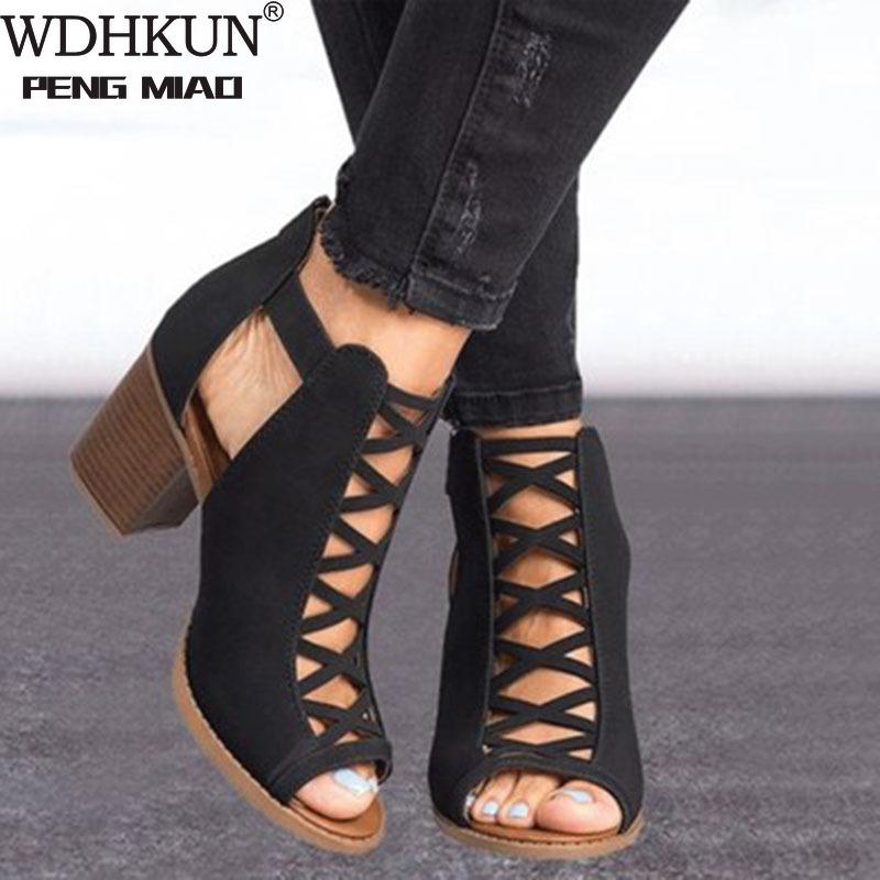 

Women Square Heel Sandals Peep Toe Hollow Out Chunky Gladiator With Strap Black Spring Summer Shoes