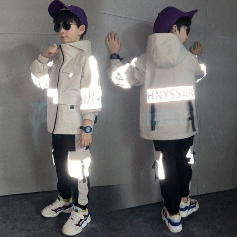 

Clothing Sets Fashion Boy Clothes Set Color Reflective Tracksuit Children Spring Autumn Boys Jacket Pants 2Pcs/Sets Kids Sport Suit C0225, Black