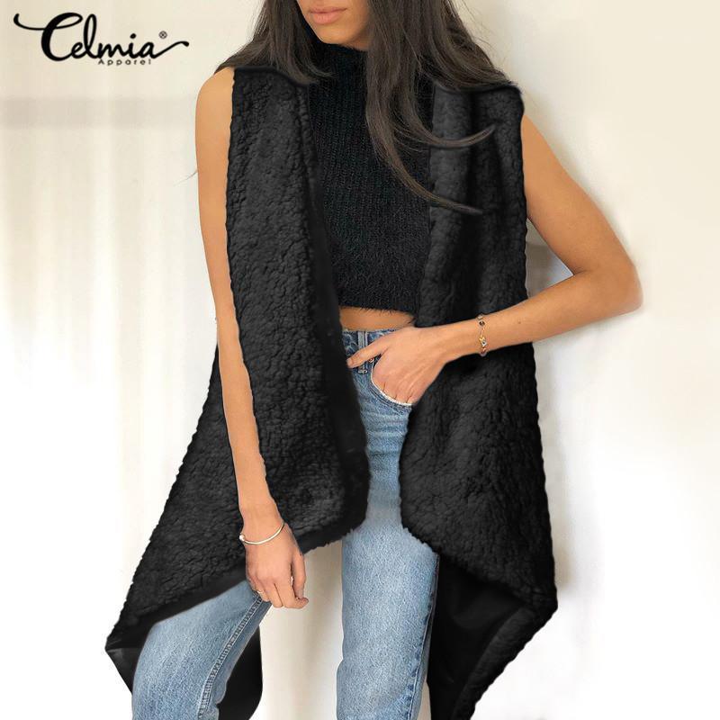 

Women' Vests Celmia Sleeveless 2021 Winter Warm Plush Faux Fur Solid Coats Casual Asymmetrical Outerwear Female Fluffy Jackets, Black