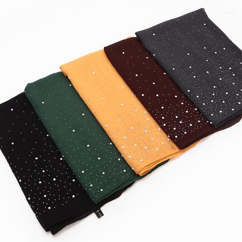 

Women's Plain Iron Beads Scarf Cotton Scarves Studs Silver Pearls Muffler Headband Wrap Muslim Shawls 190*75cm1