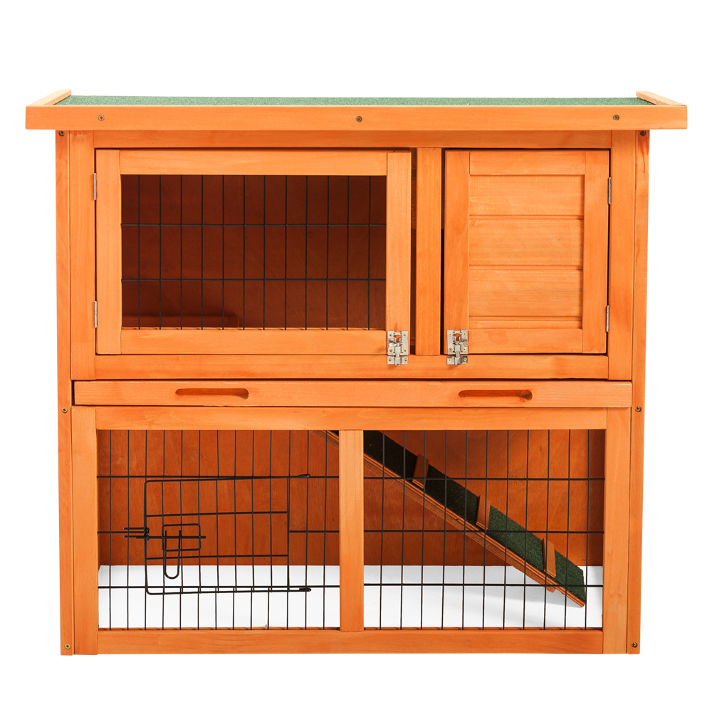 

Rabbit House 2-Storey Wooden Small Animal Cage Backyard Garden Duplex For Pets With Inclined Weatherproof Roof Ramp Table