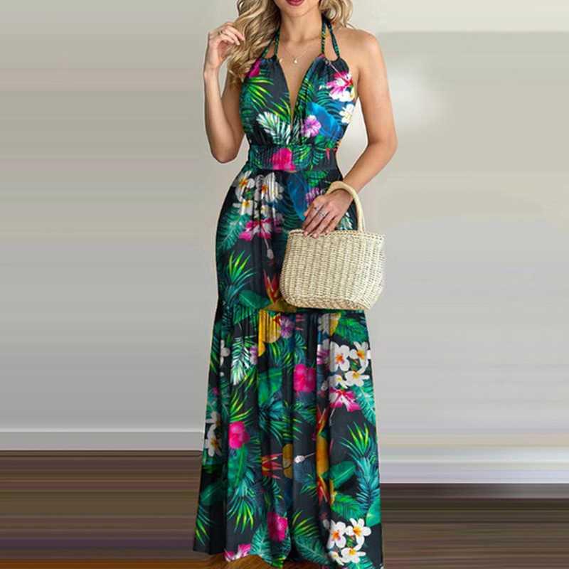 

Women's Swimwear 2021 Women Tropical Print Halter Backless Maxi Dress Summer Spring Vacation Sleeveless Sexy Boho Beach Casual Floral, Navy