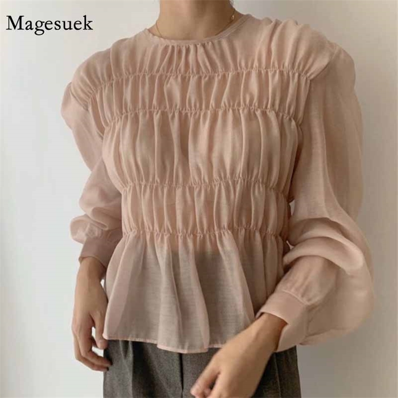 

Solid Pleated Design Perspective Korean Ins Summer Autumn Shirt Fashion Clothing Blusa O-Neck Puff Long Sleeve Blouse 11357 210518, Black