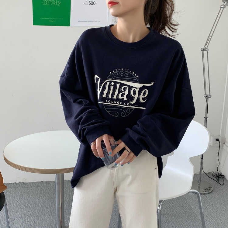 

Qooth Autumn Women's Loose Sweatshirts Cotton Letter Medium Length Full Sleeve Coat O Neck Casual Female Student Tops QT212 210609, Beige