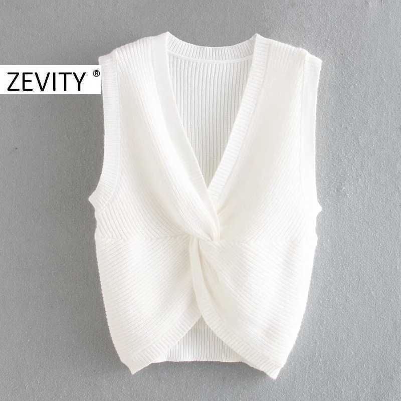 

Zevity women fashion cross v neck knotted knitting sweater ladies basic sleeveless casual slim sweaters chic tops S339 210603, Xqj s339