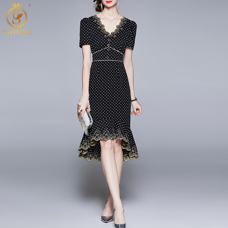 

Fashion Runway Summer Dress Women's Short Sleeve Vintage Embroidery V-Neck Dot Mermaid Party Vestidos 210520, Photo color