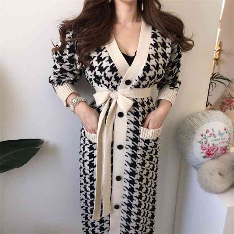 

Autumn Houndstooth Knitted Long Cardigans Sweaters Women Sleeve Singe-breasted V-neck Elegant Sashes Vintage Fashion Dress 210519, Photo color