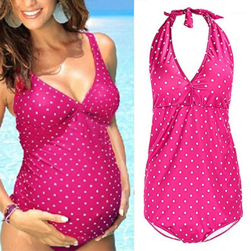 Pregnant Women Swimsuit Dot Print Halter Backless Vintage Wire-free Bathing Suit TC21 Women's Swimwear-image-735634019