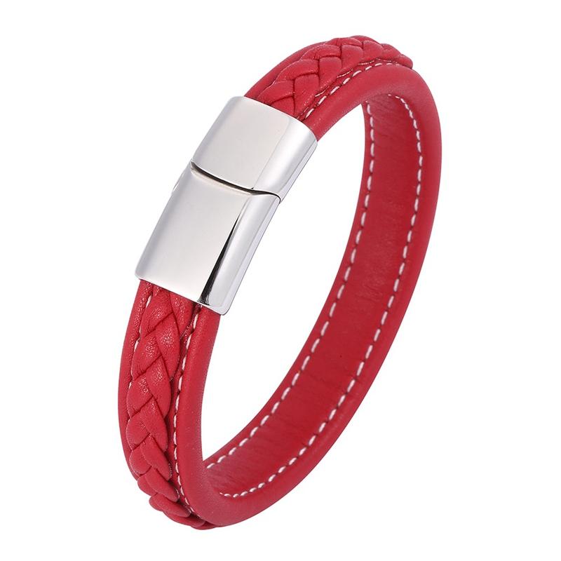 Charm Bracelets Trendy Men Red Braided Leather Bracelet Stainless Steel Magnetic Buckle Handmade Bangles Male Jewelry SP0590-image-707306479