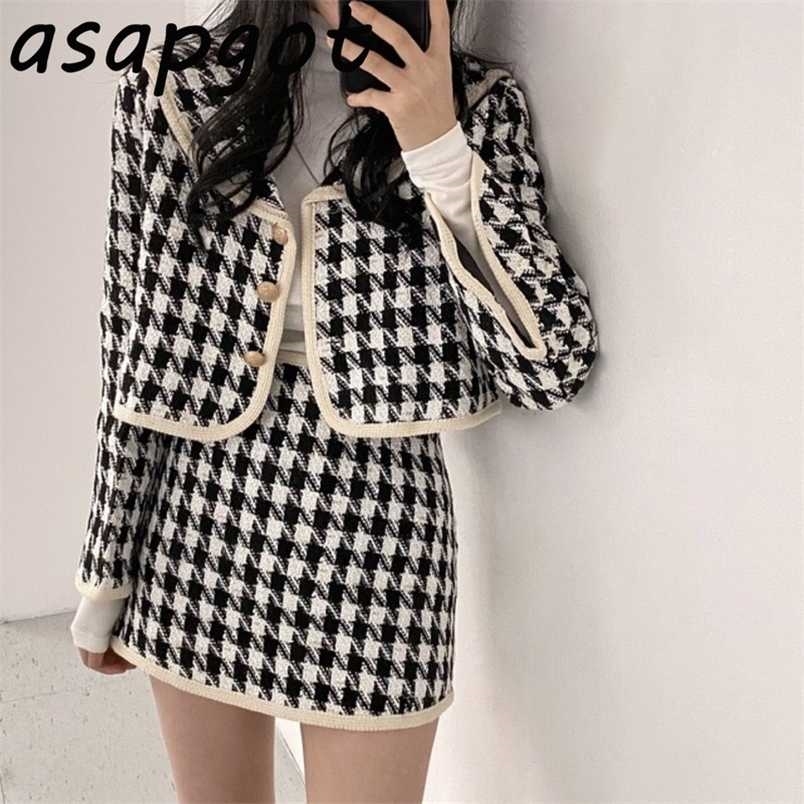 

Autumn Winter Chic Korean Temperament Plaid Skirt Sailor Collar Quilted Coats Single-breasted Jacket Sets Fashion Retro Elegant 211109, 2set