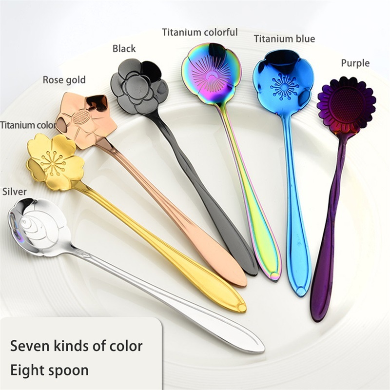 8pcs Teaspoon tableware coffee spoon Kitchen gadgets Stir stick spoon batch Rainbow flower Mixing spoon stainless steel-image-690932948