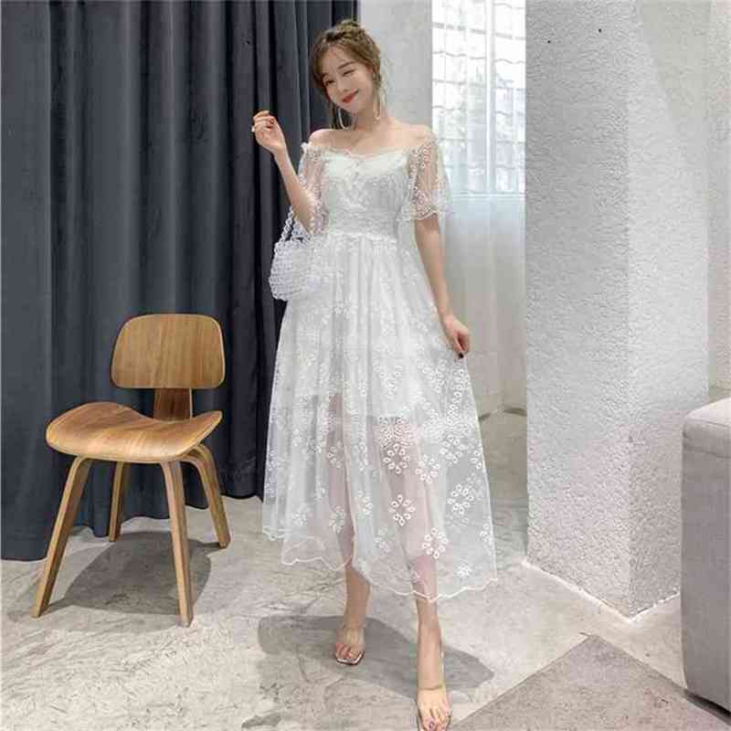 

Summer Lace Long Dress Maxi Vintage Embroidery Off The Shoulder Ankle-Length Evening Party Women Elegant White 210603, Blue