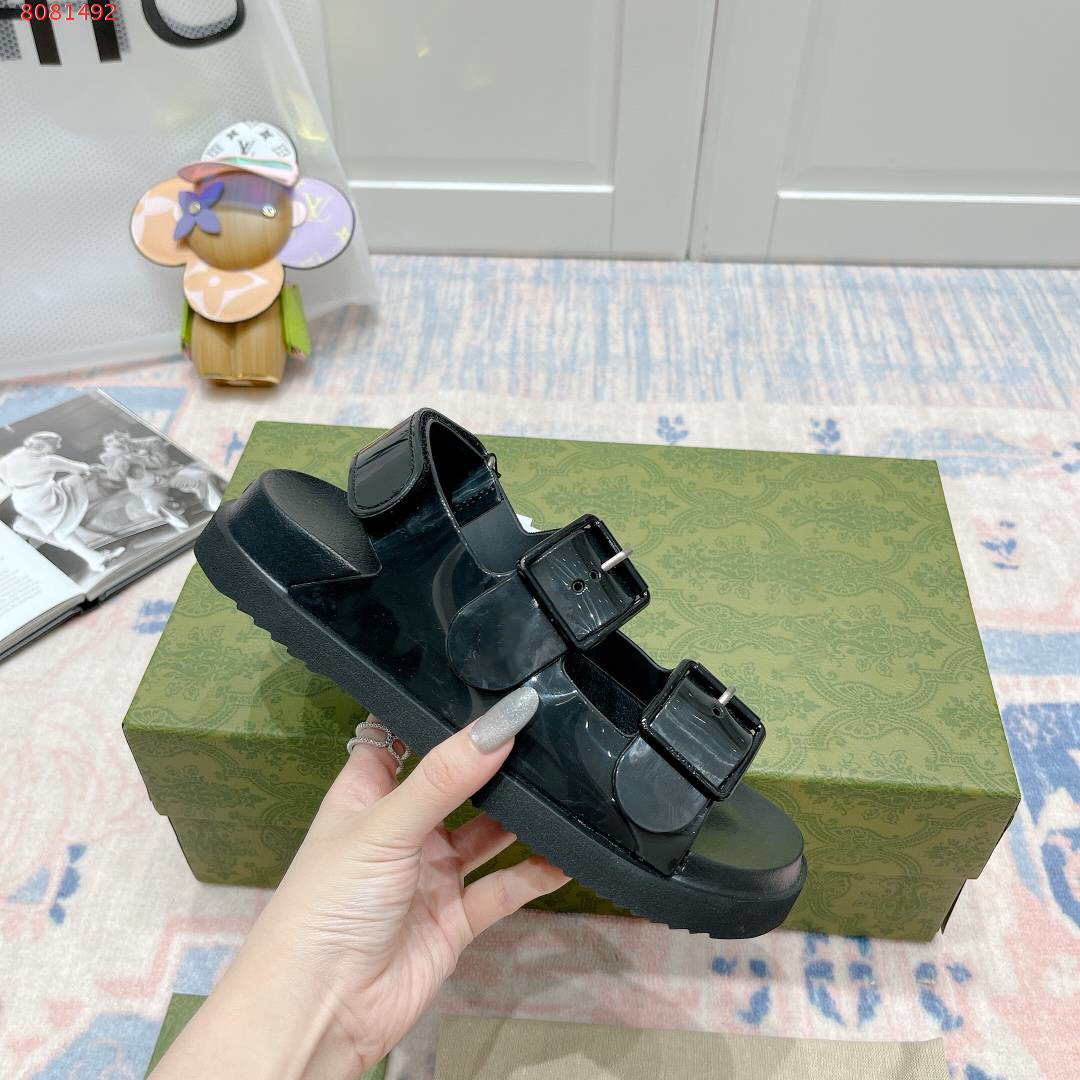 

Women Rubber Sandal Mini Double G Jelly Slippers Womens Scuffs Slipper Luxury designer sandals Flat Mule Adjustable Buckle Beach Flip Flops, Black