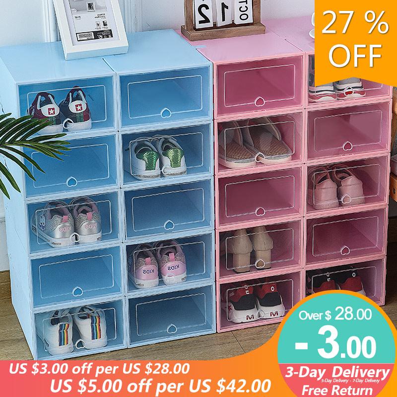 

Storage Boxes & Bins 6Pcs Plastic Shoes Case Thickened Colorful Transparent Drawer Shoe Stackable Box Organizer Shoebox, 34x24x14cm cwhite6