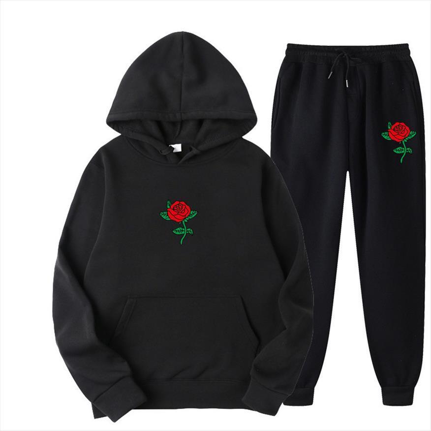 

2 pieces set fashion men tracksuits red rose print hoodies pants women sweatshirt streetwear pullover pantsuit male sudaderas, Gray