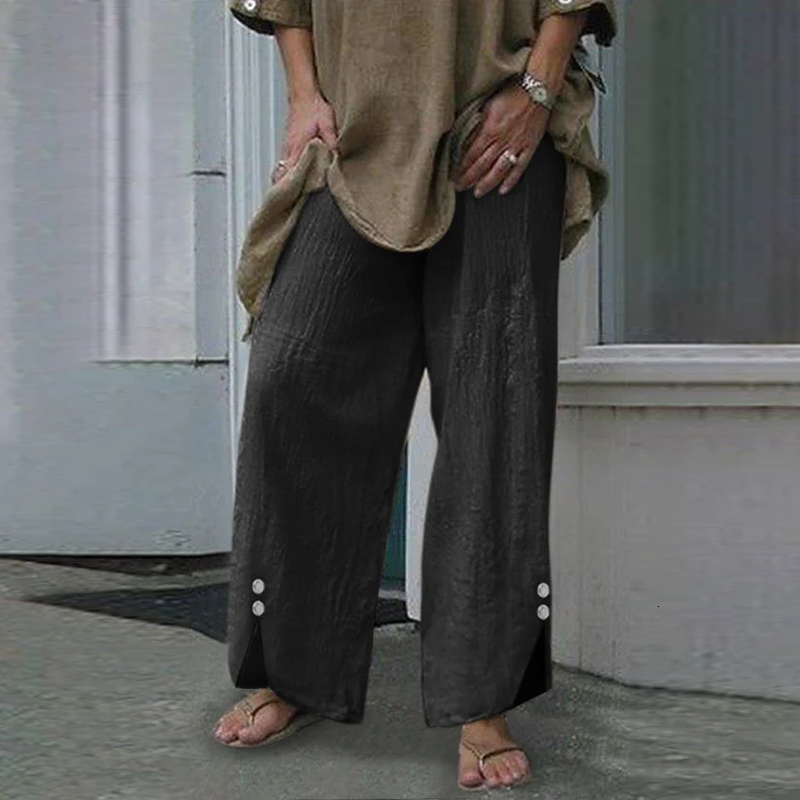 

Women's Pants & Capris VONDA 2021 Cotton Linen Fashion Elegant Wide Leg Trousers Women High Waist Buttons Long Casual Solid Pantal, White