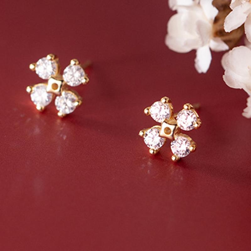 

Stud Korea Sweet Zircon Flower Jewelry Girl Women Ear 925 Sterling Silver Small Shiny Crystal Earrings Bridal Wedding Gift, Golden;silver