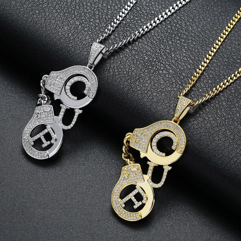 Pendant Necklaces 18K Gold Plated Bling Zirconia Simulated Diamond Iced Out CUF Handcuffs Pendent Necklace Hip Hop Chain For Men Charm Gifts-image-708516121