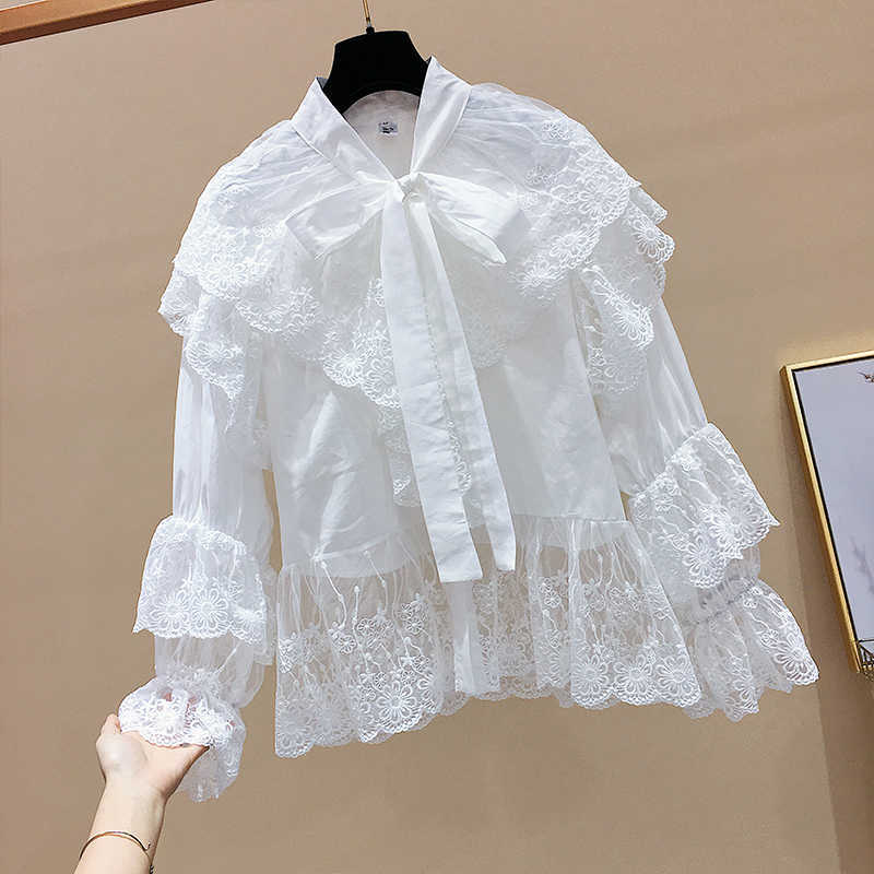 

Solid Sweet Mesh Lace Bow Patchwork Full Shirts Women' Spring Blouse 210615, White
