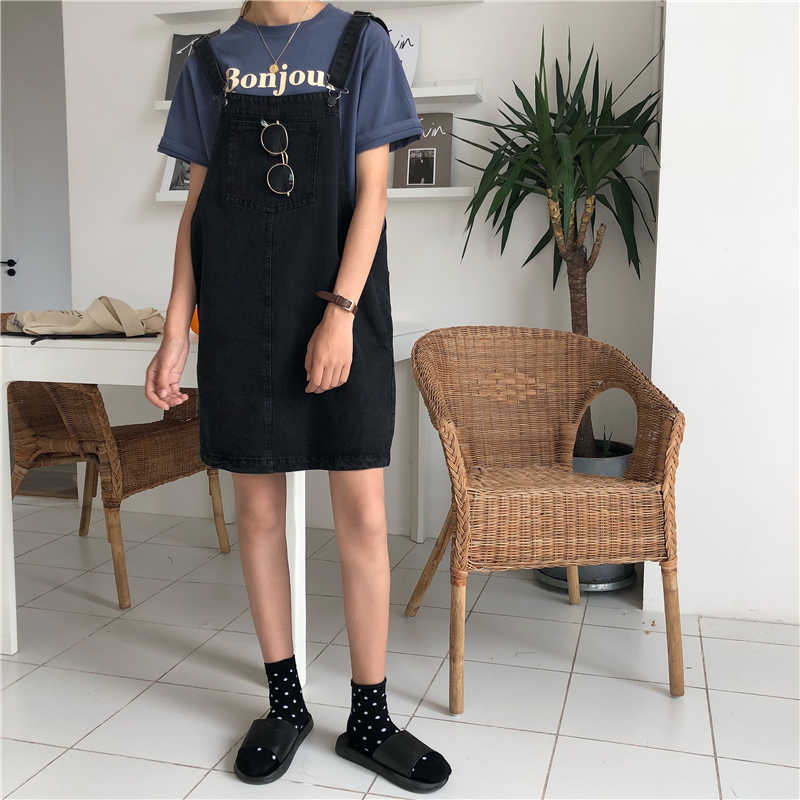 

Large size cute Preppy Style dress female student Korea ulzzang summer Straight Harajuku bf denim strap Knee-Length 210608, Black