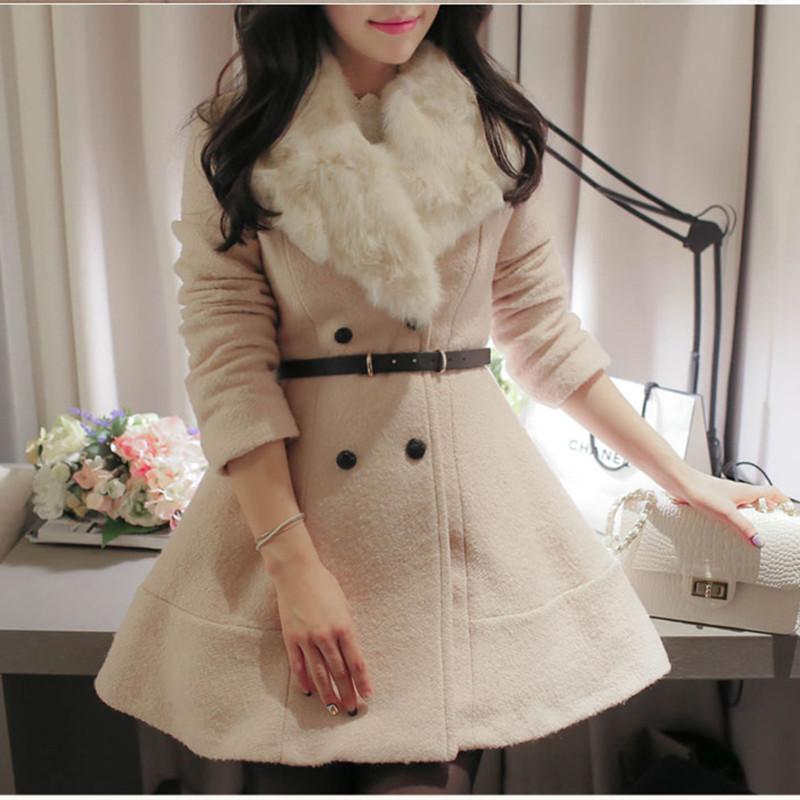

Women' Wool & Blends Winter Ladies Woolen Coat, Female Imitation Fur Collar Double-breasted Dress, Thin Coat, Black
