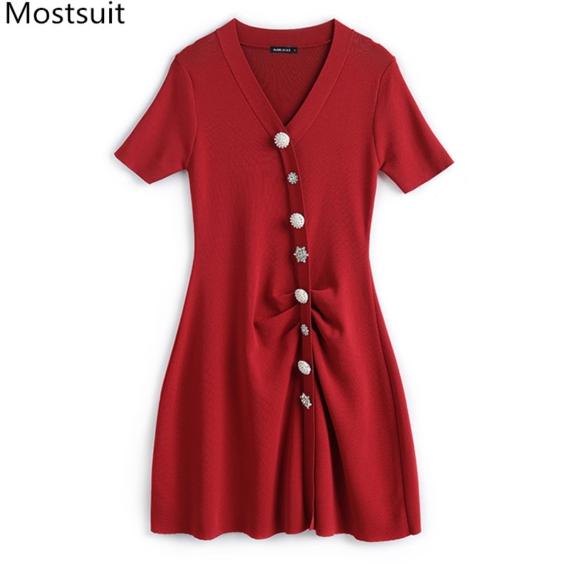 

Summer Knitted Stylish Buttons Dress Women Short Sleeve V-neck Fashion Dresses Elegant Vintage Solid Ladies Vestidos Femme 210518, Red