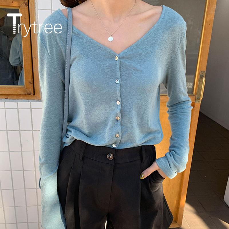 

Trytree 2021 Summer Woman Casual Blouse V-neck Single Breasted Solid 5 Color Fashion Loose All-Purpose Style Tops Women's Blouses & Shirts, White