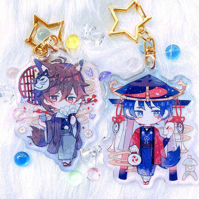 

Hot Genshin Impact Key Chain Kimono Doujin Original Xiao Zhongli Scaramouche Stand Model Glitter Epoxy Keychain Pendant Cosplay Y1231