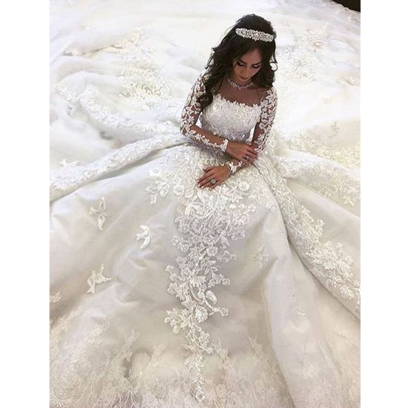 

Ball Gown Square Neck Long Sleeve Wedding Dress with Lace Appliques, Ivory