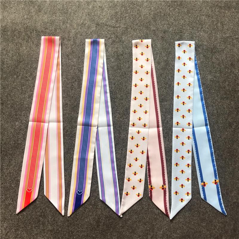 

Scarves Fashion Summer Small Skinny Scarf Hair Bag Ribbon Honey Bee Print Twill Silk For Women Tie Head, Blue;gray