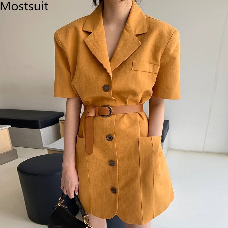 

Summer Korean Single-breasted Belted Blazer Dress Women Short Sleeve Notched Collar Pockets Fashion Office Mini Vestidos 210518, Orange