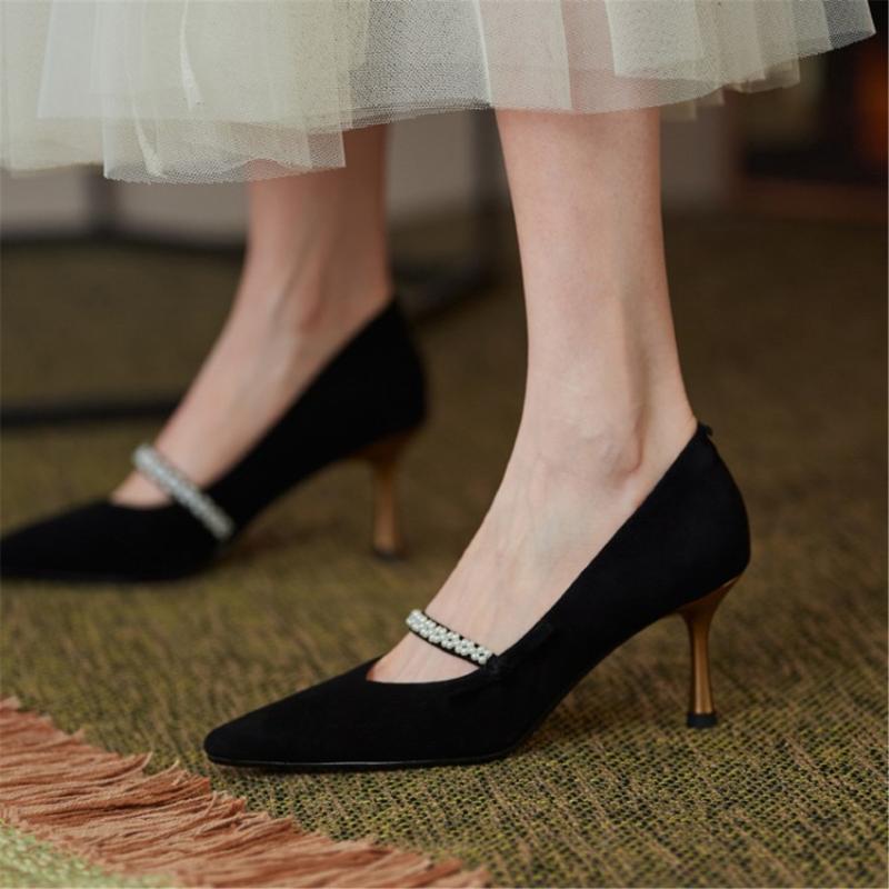 

Kmeioo Classic Pearl Dress Shoes Pointed Toe High Heels Shallow Black Pumps Slip-on Stiletto For Women Summer 7cm, Beige-pu