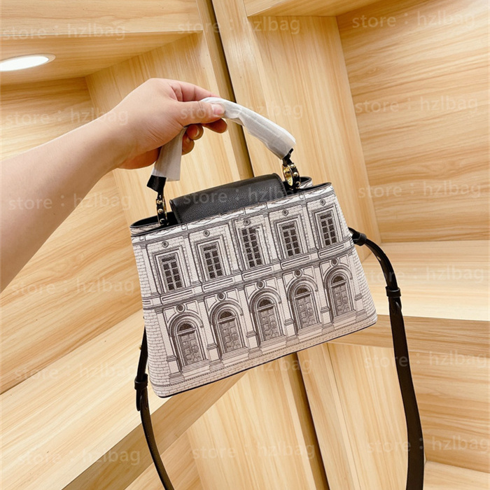 

Capucines BB tote bag Architettura Plaster Stone Classical Style Black White Italianate Edifices women designer handbags, Color 06
