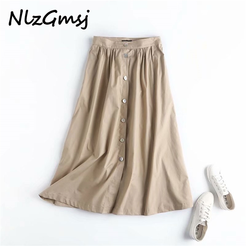 

women cotton A-line skirt buttons pocket office ladies elegant chic mid calf skirts high quality 210628, As picture