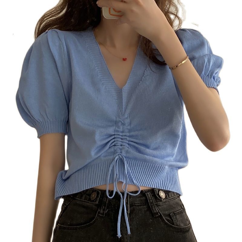 

Women's T-Shirt Drawstring Thin Knitted T Women Casual Clothes Summer Short Sleeve Tops V-Neck Tee Female Soft Woman Tshirts 2LTW, Blue