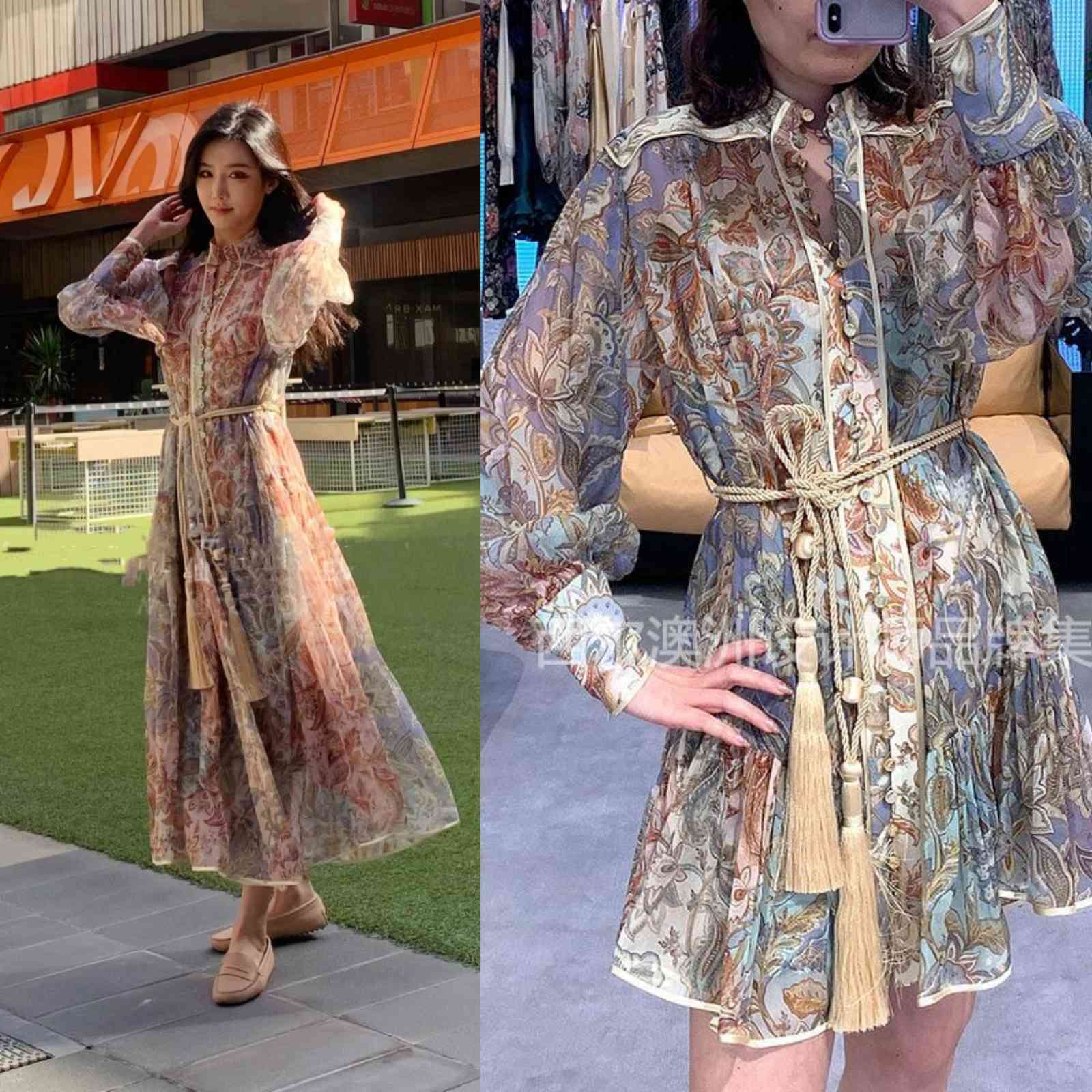 

21ss designer women Australia Z autumn latest retro floral stand collar lantern sleeve buttoned dress, Long dress