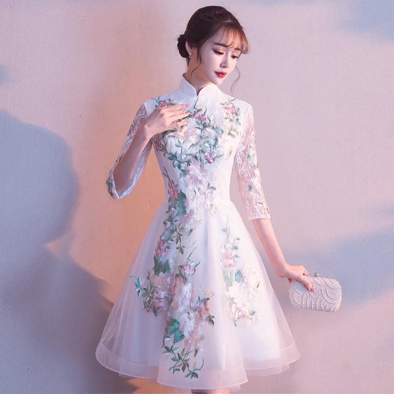 Robes décontractées Soirée Cheongsam Robe Oriental Style Chinois Femme Élégante Dentelle Qipao Sexy Mariage Bal Robe Courte Rétro Robe XS-3