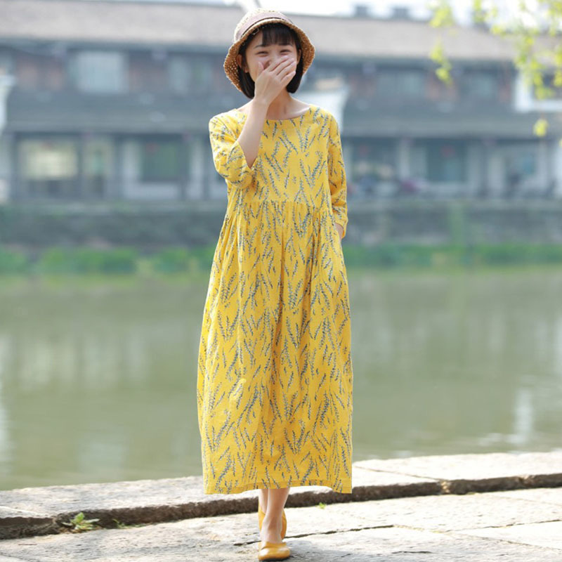 

Johnature Spring Summer Cotton Linen Comfortable O-neck Pockets Floral Print Dresses Loose Retro Women Pleated Dress 210521, Yellow